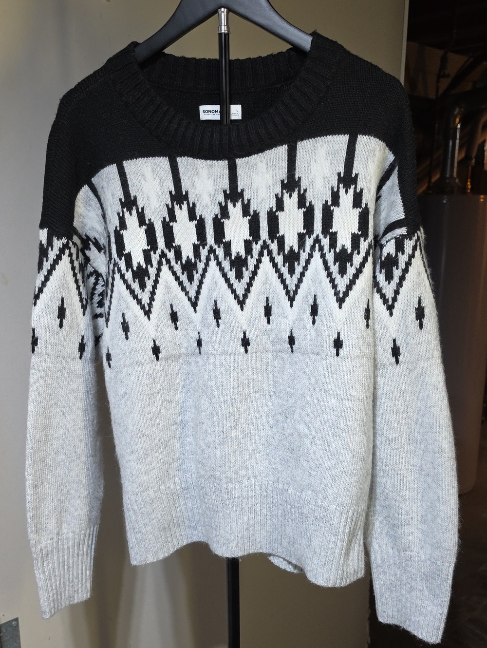 Sonoma Black & Light Gray Fair Isle Crewneck Sweater